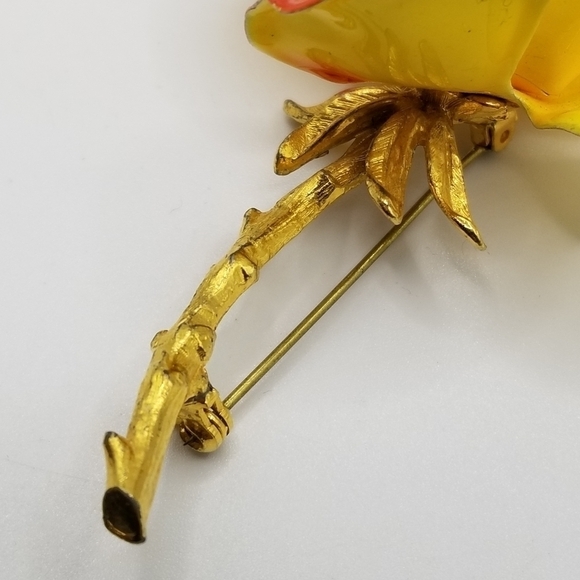 Vintage Enamel Flower Gold Tone Stem Brooch Pin Orange Yellow Large High Gloss - Picture 11 of 12